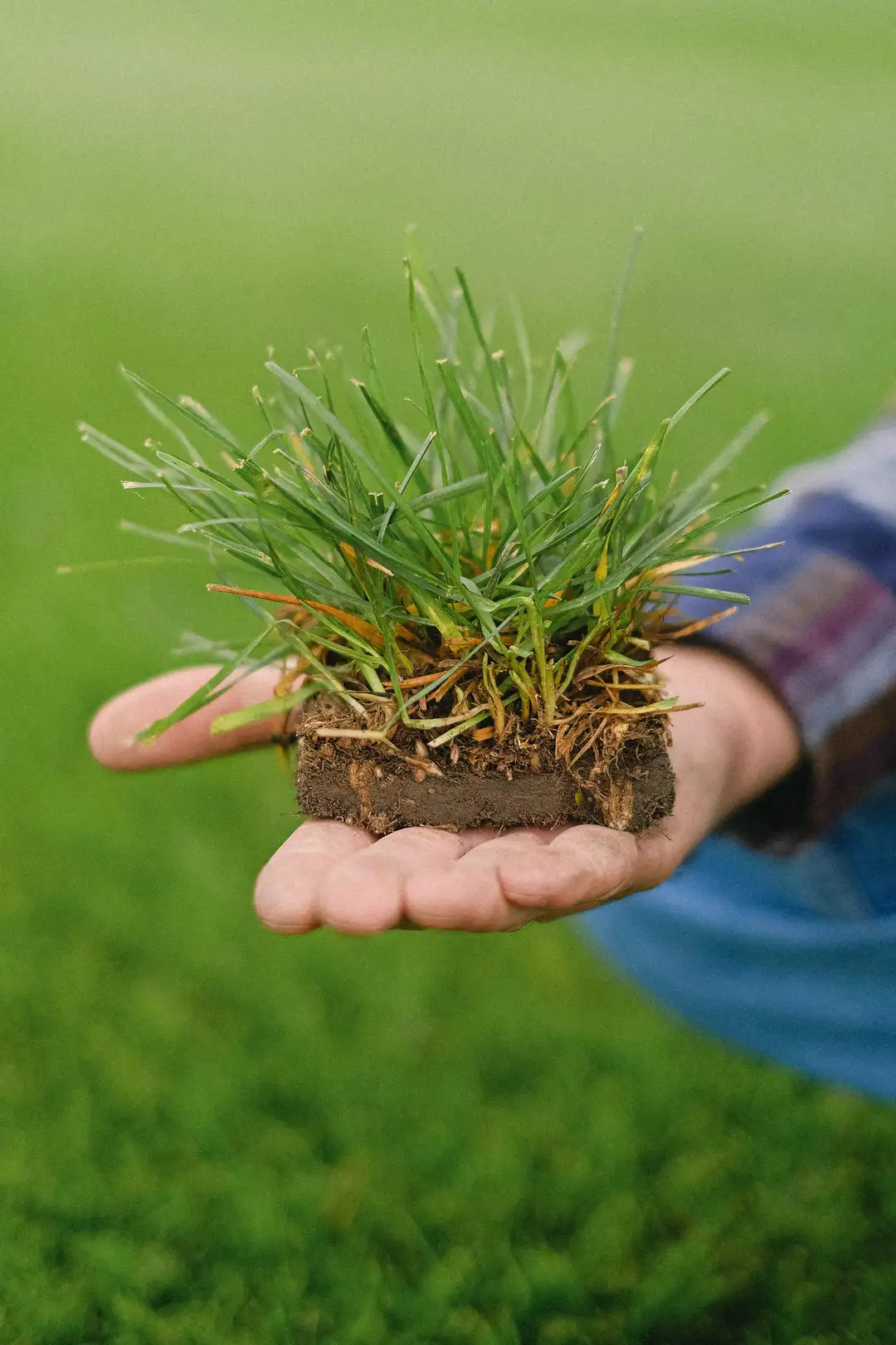 Plug of grass and soil held in a hand
